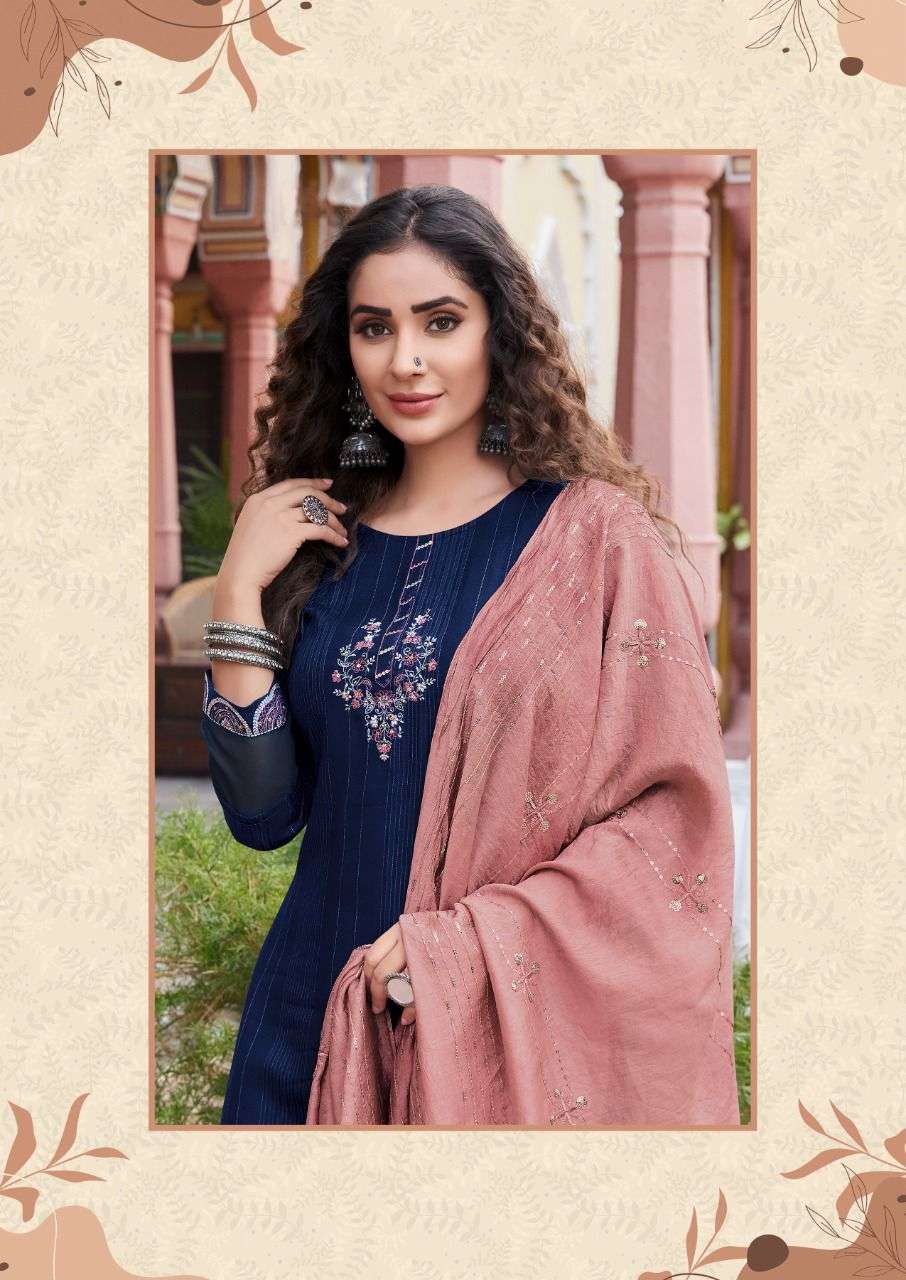 INAYA VOL 1 BY KEELOO BRAND PRESENTS 14 KG HEAVY RAYON STRIPE WITH DOBBY WITH HEAVY EMBROIDERY & KHATLI WORK KURTI WITH RAYON SLUB LYCRA  PANT AND HEAVY CHANDERI DUPATTA - 1001-C